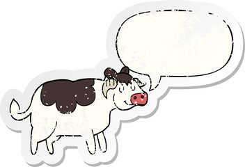 cartoon cow and speech bubble distressed sticker