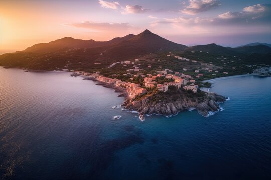 Spectacular Summer Sky View by Drone Over Cavallo Island Coastline, Corsica, Generative AI © AIGen