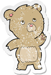 retro distressed sticker of a cartoon curious teddy bear