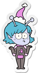 sticker cartoon of a alien girl wearing santa hat