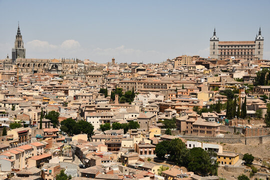 Beautiful view of the old town of Toledo with church towers, Spain on a sunny day
