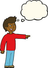 cartoon happy man pointing and laughing with thought bubble