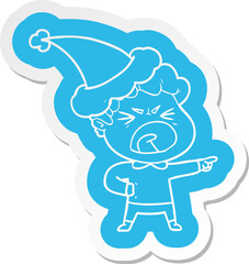 cartoon  sticker of a furious man wearing santa hat