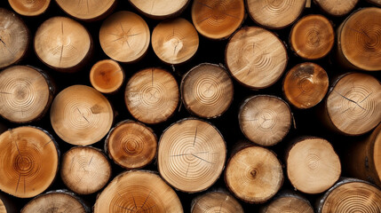 Front view of cutted trees in stacks of logs in storage for winter, close up view of many logs prepared for the winter. Generative AI