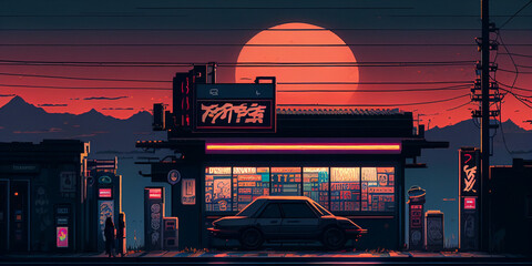 16 bit urban Japanese convenient store with the sunsetting.