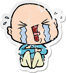 distressed sticker of a cartoon crying bald man