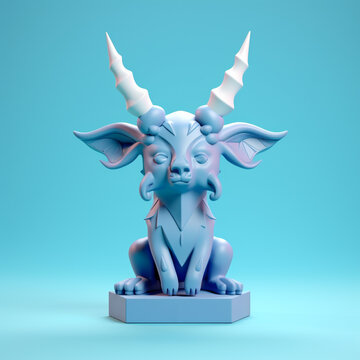 Cute action figure of blue goat isolated on blue background. Generative AI