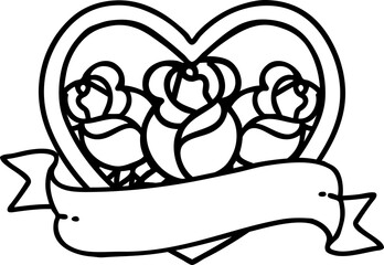 Obraz premium black line tattoo of a heart and banner with flowers