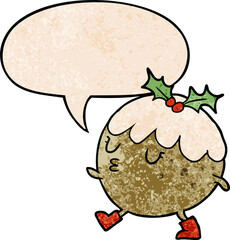 cartoon christmas pudding walking and speech bubble in retro texture style