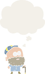 cartoon old man with walking stick and thought bubble in retro style