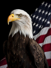 American bald eagle with us flag behind. Generative AI