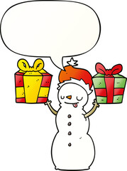 cartoon snowman and present and speech bubble in smooth gradient style