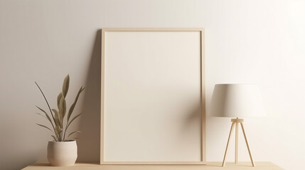Blank frame mock up on beige background, artwork poster mock up. Generative AI