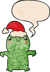 cute cartoon frog wearing christmas hat and speech bubble in retro texture style