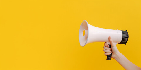 Hand is holding megaphone on yellow background, suitable for promotion with copy space, shopping promotion design element