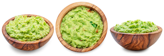 Set of guacamole bowls on white background. File contains clipping paths.