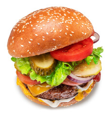 Appetizing cheeseburger close up on white background.  Clipping path.