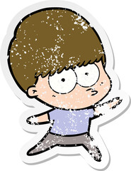 distressed sticker of a nervous cartoon boy