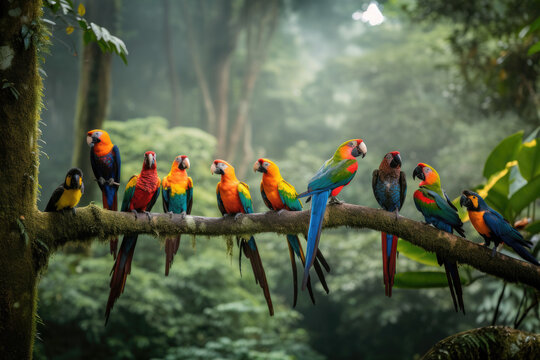 Group of parrots sitting on the tree branch in the jungle