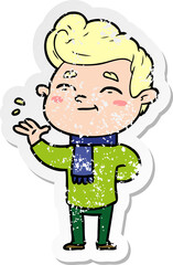 distressed sticker of a happy cartoon man