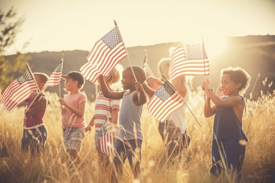 Children holding US flags during Independence Day