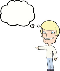 cartoon happy man pointing with thought bubble