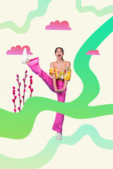Springtime artwork composition collage funny dancing lady raise leg youth freestyle outside nature activity concept nature connection