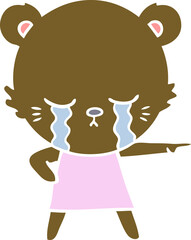 crying flat color style cartoon bear in dress pointing