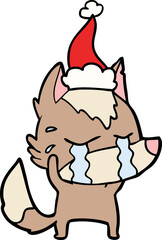 line drawing of a crying wolf wearing santa hat