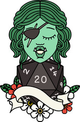 half orc rogue with natural twenty dice roll illustration