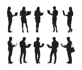 Business people group standing and working on laptop vector silhouette set.