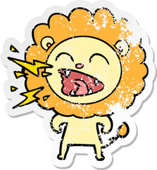 distressed sticker of a cartoon roaring lion