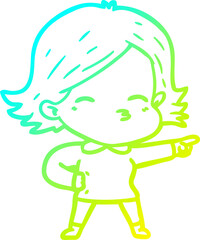 cold gradient line drawing cartoon woman pointing