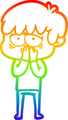 rainbow gradient line drawing cartoon exhausted boy