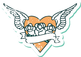 distressed sticker tattoo style icon of a heart with wings flowers and banner