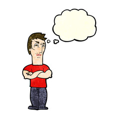 cartoon annoyed man with folded arms with thought bubble