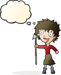 cartoon crazy woman with spear with thought bubble
