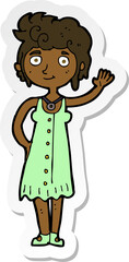 sticker of a cartoon hippie woman waving