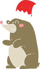 flat color illustration of a cartoon bear wearing christmas hat