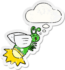 cartoon glow bug and thought bubble as a distressed worn sticker