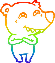rainbow gradient line drawing cartoon bear showing teeth