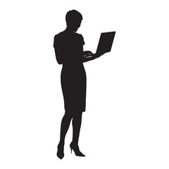 Business woman standing with laptop full length vector silhouette.
