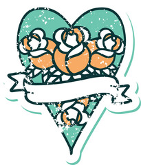 distressed sticker tattoo style icon of a heart and banner with flowers
