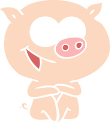 cheerful sitting pig flat color style cartoon