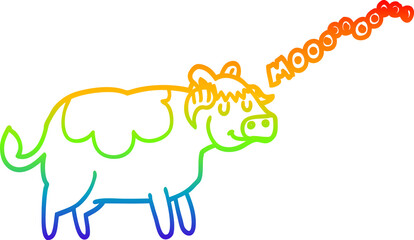 rainbow gradient line drawing cartoon cow