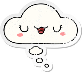 cute cartoon face and thought bubble as a distressed worn sticker