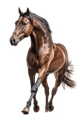 Fototapeta premium an equestrian-themed photographic illustration of a warm-blood brown draft horse rearing and running on a transparent background in PNG. T-shirt design. Generative AI