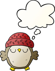 cute cartoon owl in hat and thought bubble in smooth gradient style