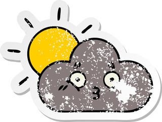 distressed sticker of a cute cartoon storm cloud and sun