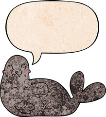 cartoon seal and speech bubble in retro texture style